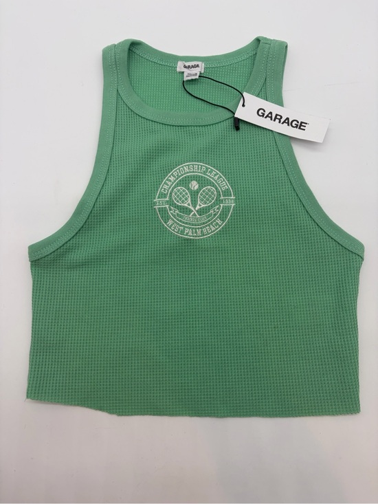 Garage Tops - Garage Green Waffle-Knit Cropped Tank with Tennis Graphic